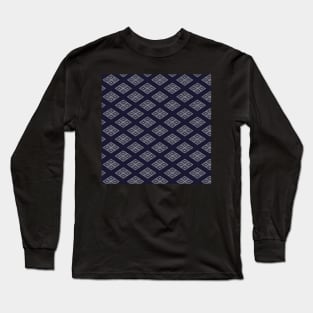 Traditional Japanese Geometric Floral Nadeshiko (Carnation) Hishi Diamond Pattern in Navy Indigo Long Sleeve T-Shirt